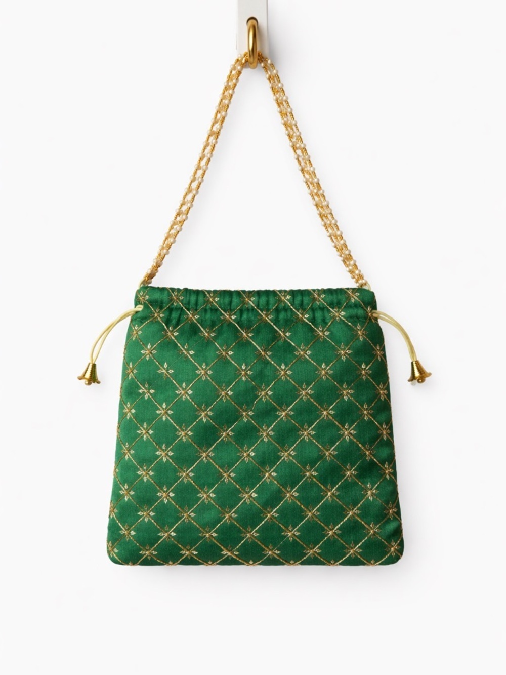 Green Potli Drawstring Bag with Gold Beaded Handle